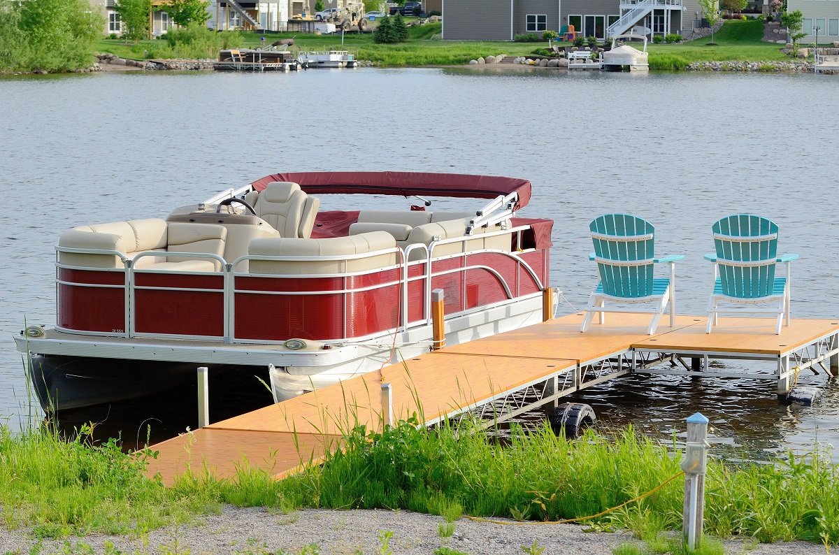 Docked pontoon boat