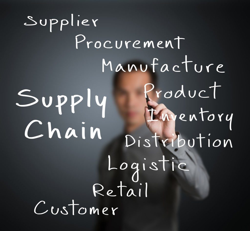 business man writing supply chain management concept by flow from supplier to customer