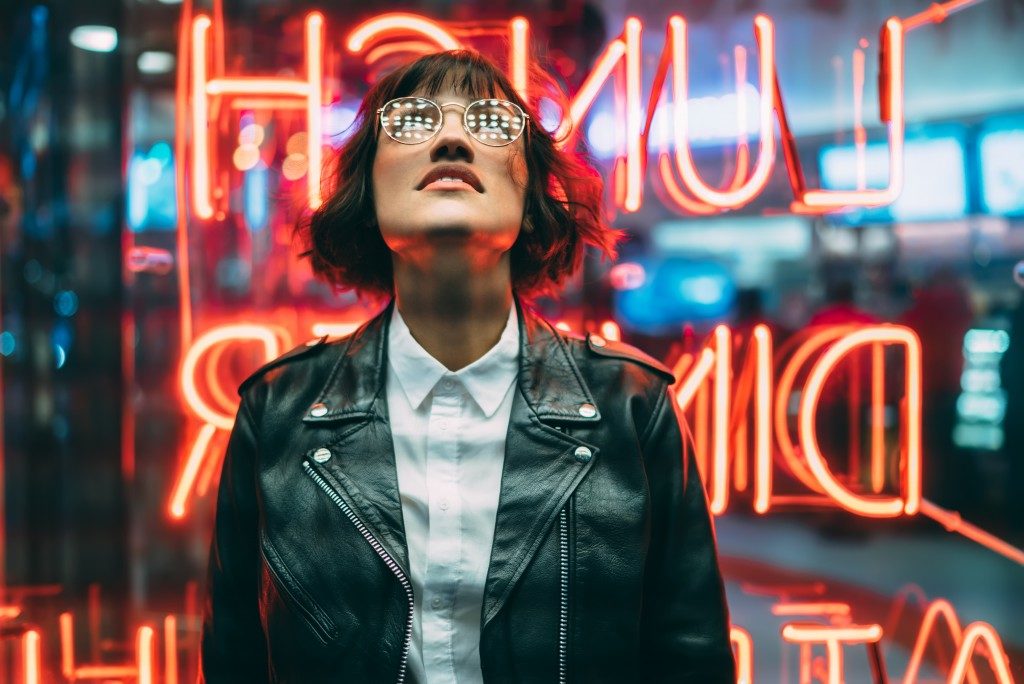 Woman wearing leather jacket